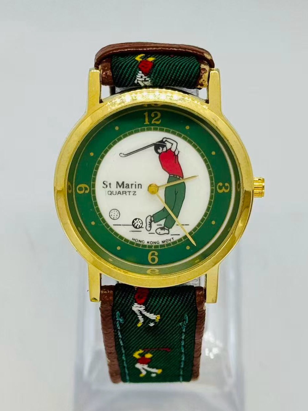 Vintage St Marin Men’s Golf Watch Quartz Green Dial Gold Tone New Battery Runs